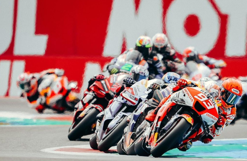 Marc Marquez leads a group of riders during a MotoGP session