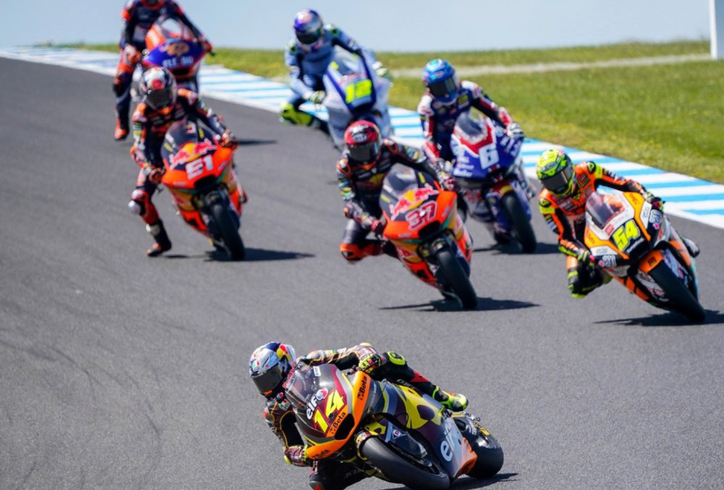 Moto2 riders fight to the line during a race