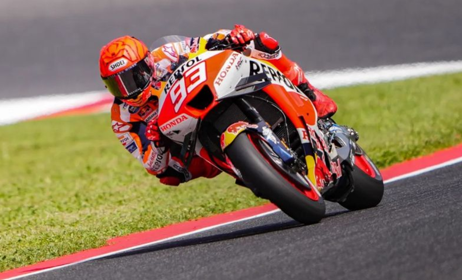 As always, Marc rides an orange, red and white Repsol Honda Bike. He has a neon orange/red helmet and his iconic number 93 on front of the bike. 