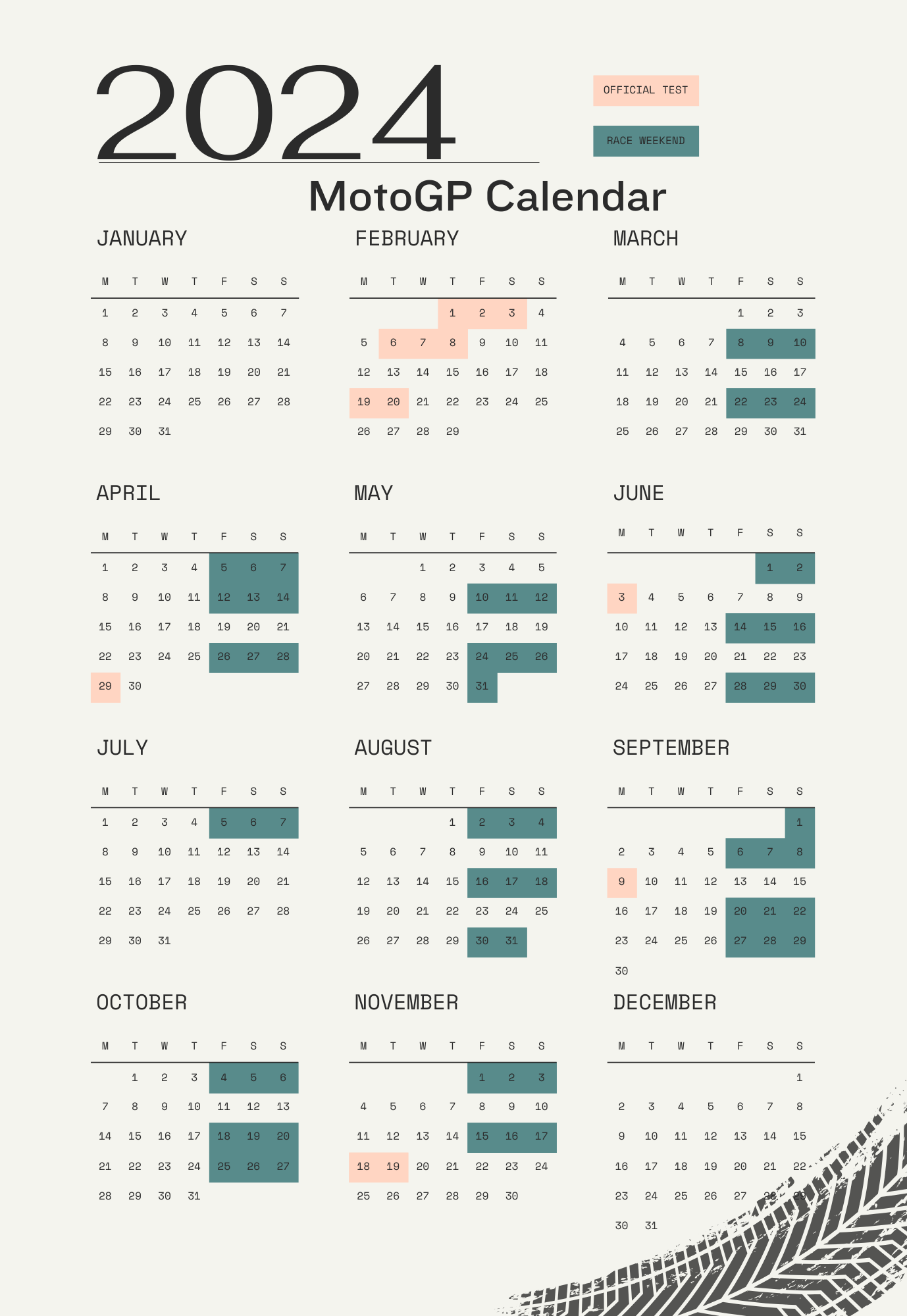 A 2024 annual calendar showing which weekends will have a race and a test 